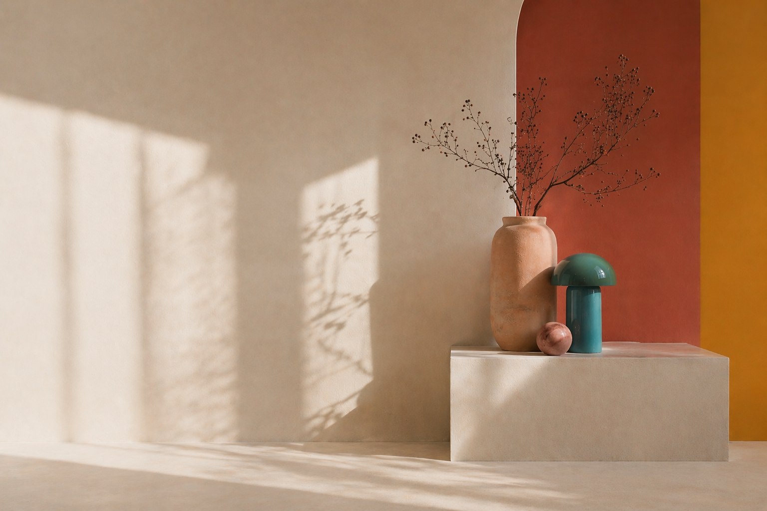 Stilleben med vas och lampa i varma jordn\u00e4ra toner